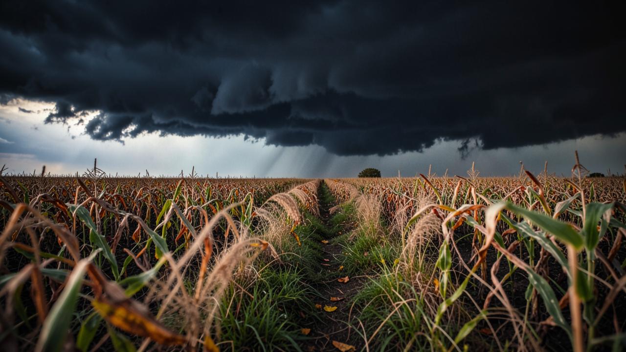 Dark storm front rolling over an autumn crop field