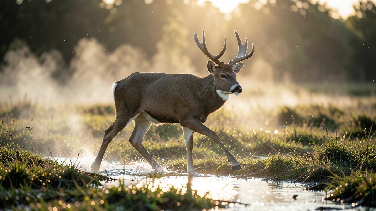 Whitetail buck stepping into a wet field as sun breaks through after rain