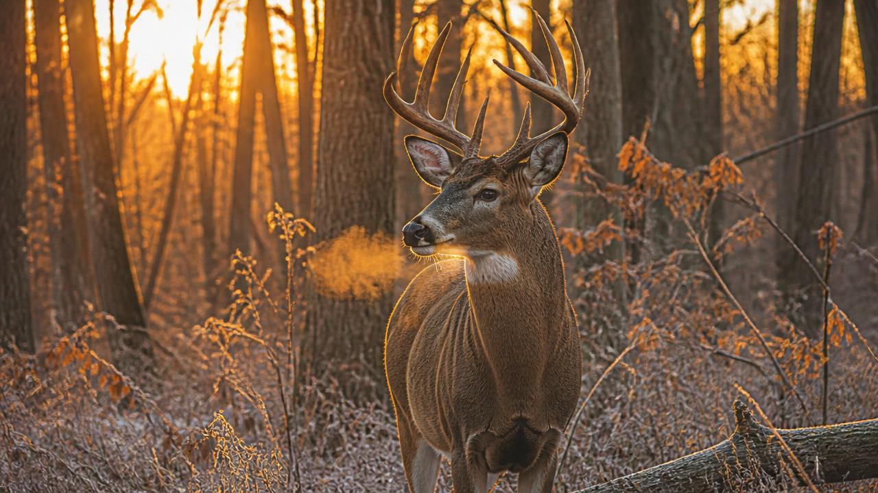 Mature whitetail buck in frosty autumn timber at sunrise during the rut
