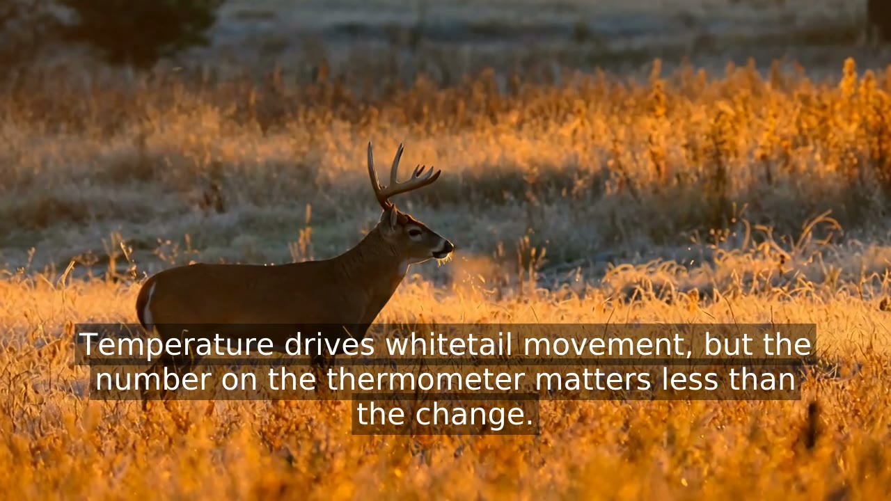 Whitetail buck in a frosty golden field at sunrise after a cold front